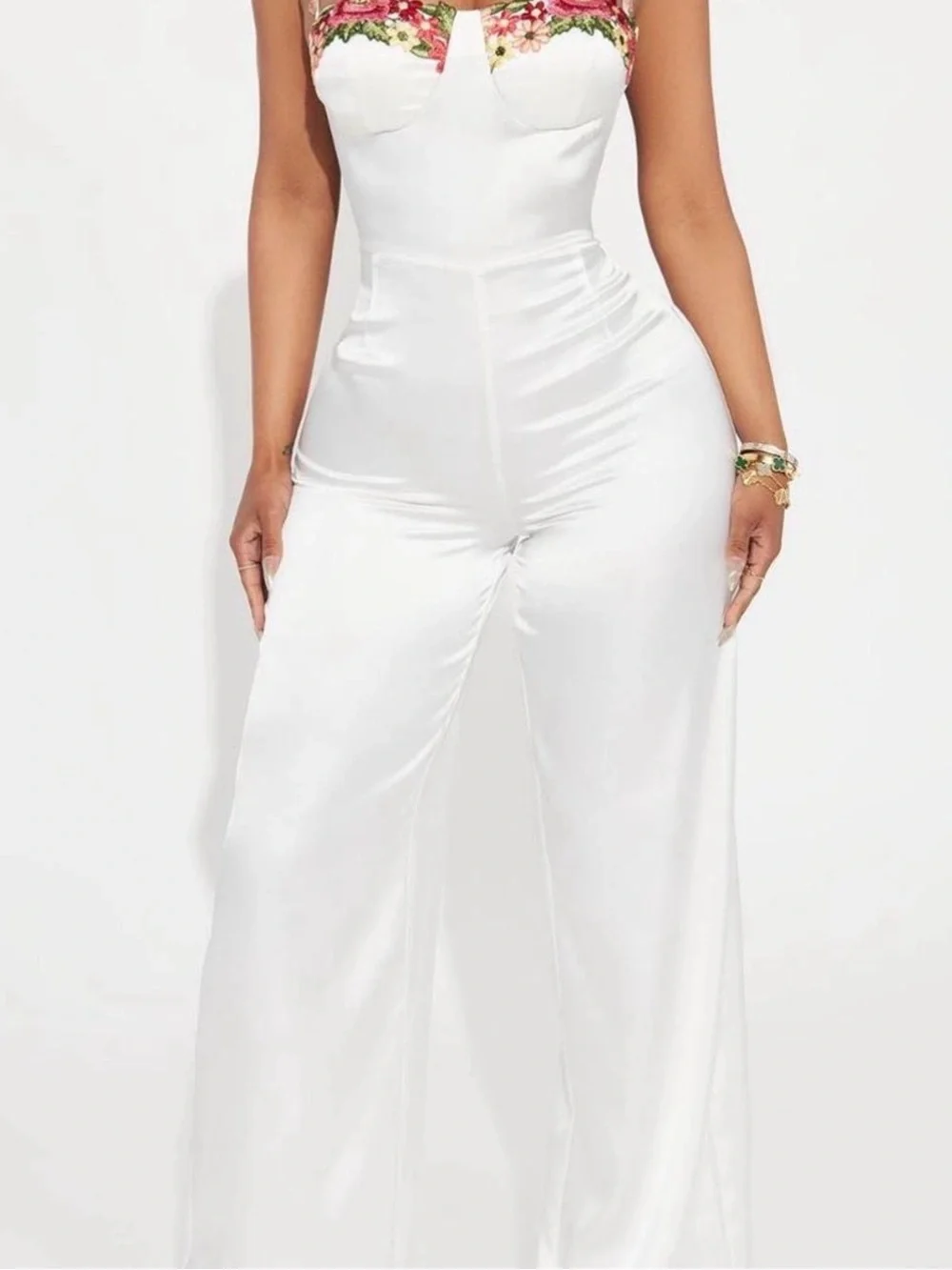 Women's White Wide-Leg Jumpsuit with Embroidered Bust fashion nova